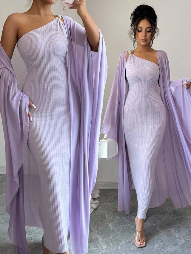 lavender jacquard knitted one-shoulder dress and cape set