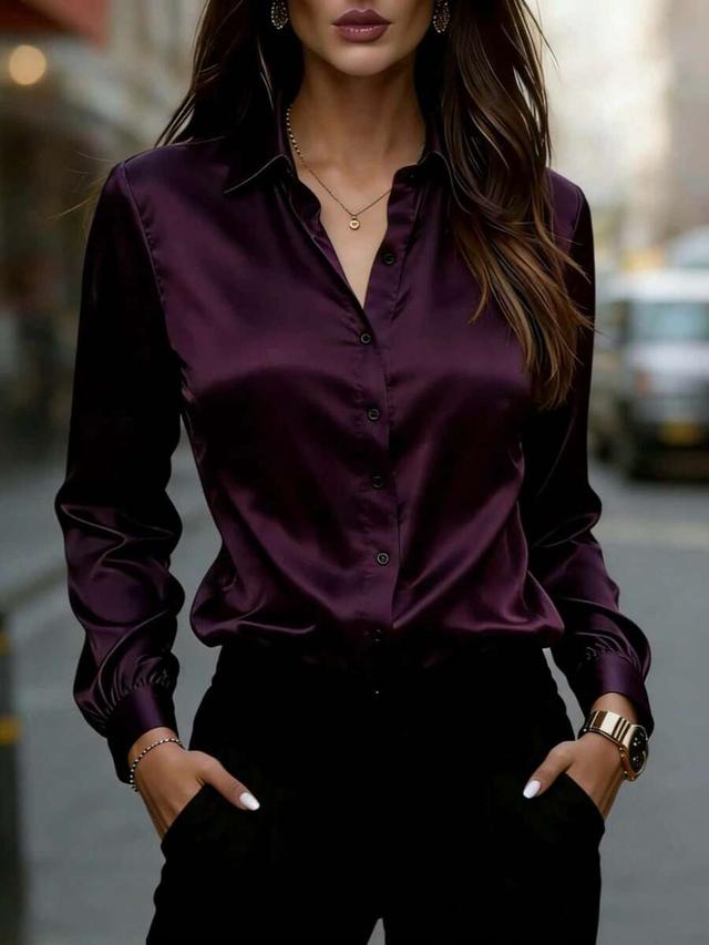 women's deep purple satin long sleeve button-up shirt