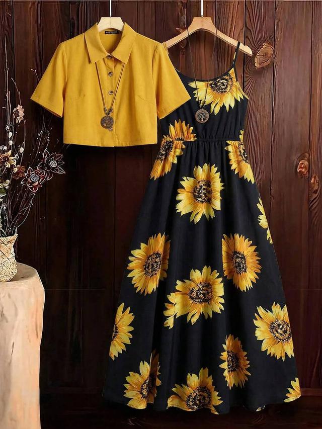 sunflower print two-piece shirt and dress set
