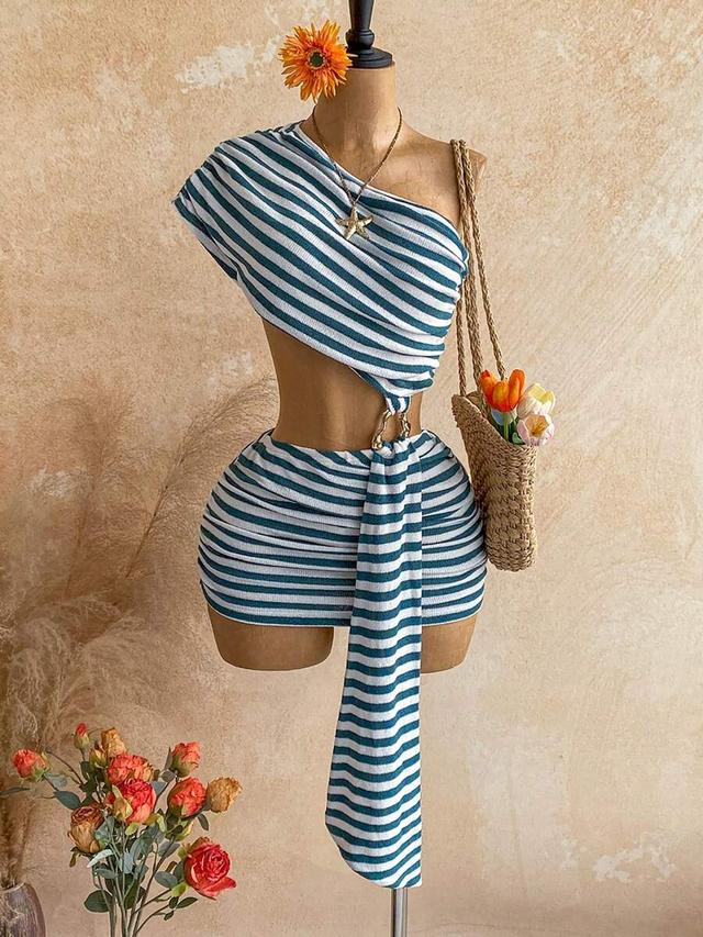 striped one-shoulder mini dress with ring detail