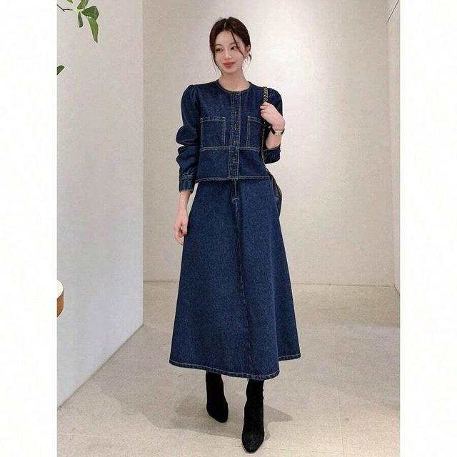 women's dark wash denim puff sleeve jacket and skirt set