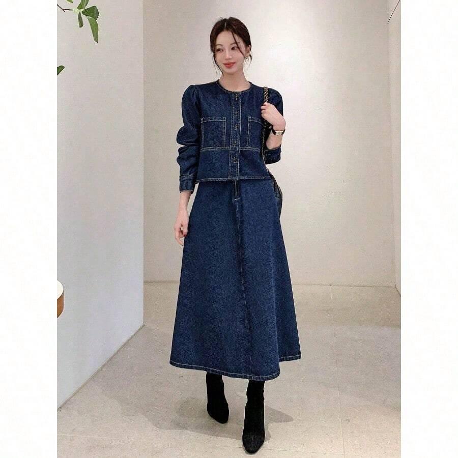 women's dark wash denim puff sleeve jacket and skirt set