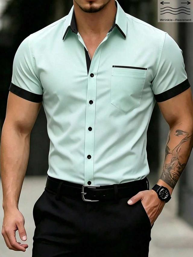 mint green short sleeve formal shirt with contrast trim