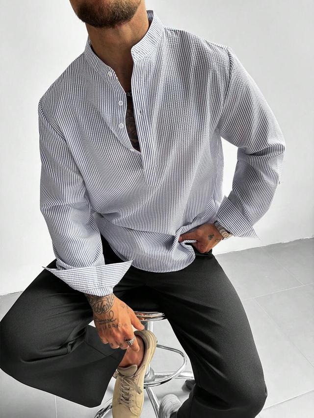 men's striped half-placket stand collar linen shirt