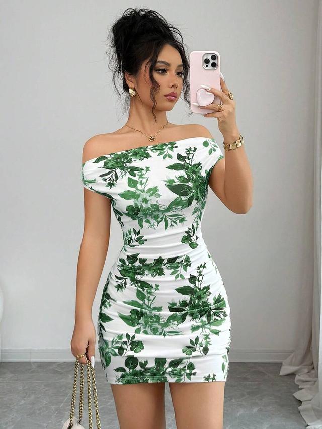 white floral off shoulder ruched bodycon mini dress