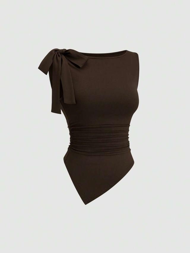 dark brown sleeveless ruched bow tie camisole top