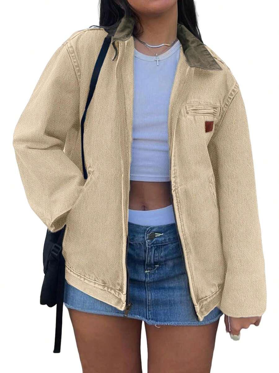 beige denim barn jacket with contrast collar