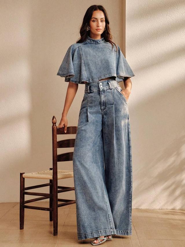 modern blue washed denim cape and wide leg pants set