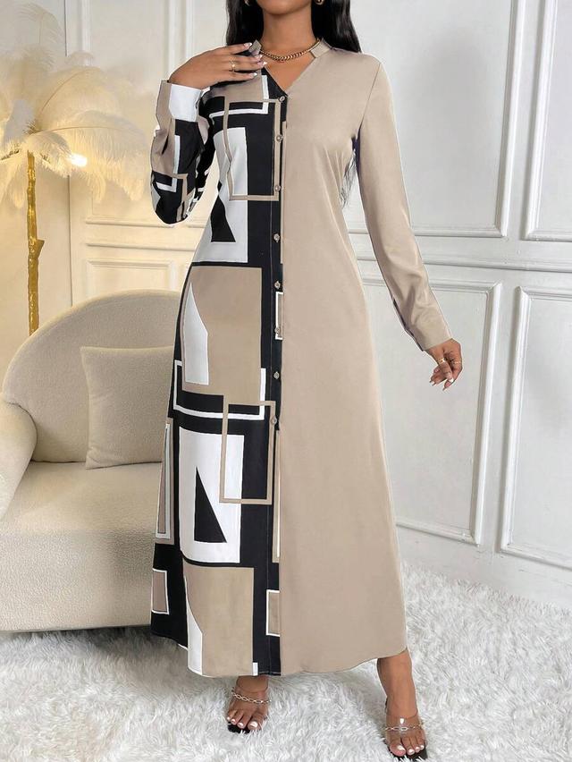 geo print button front maxi shirt dress