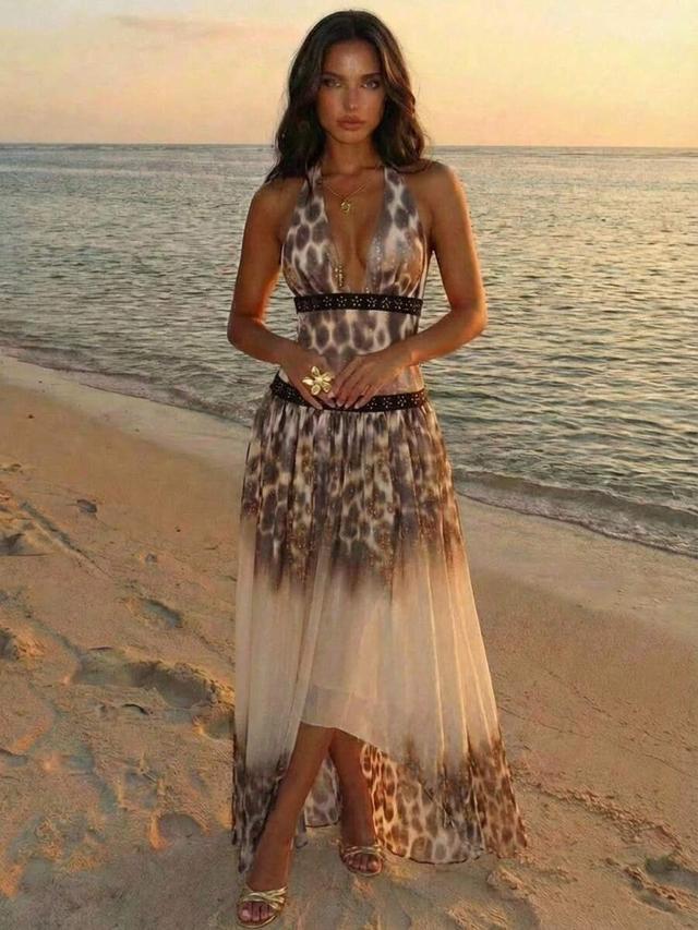 leopard print halter maxi dress with embellished trim
