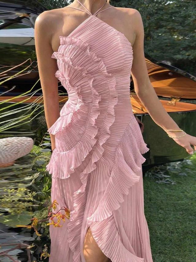 pink pleated halter neck ruffle mid-length a-line dress