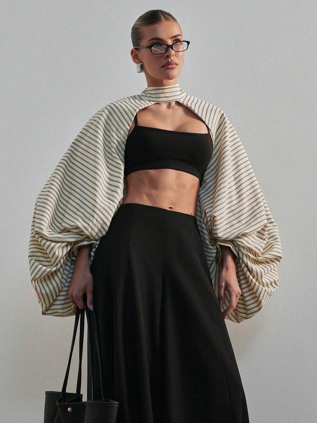 striped high neck volume balloon sleeve statement top