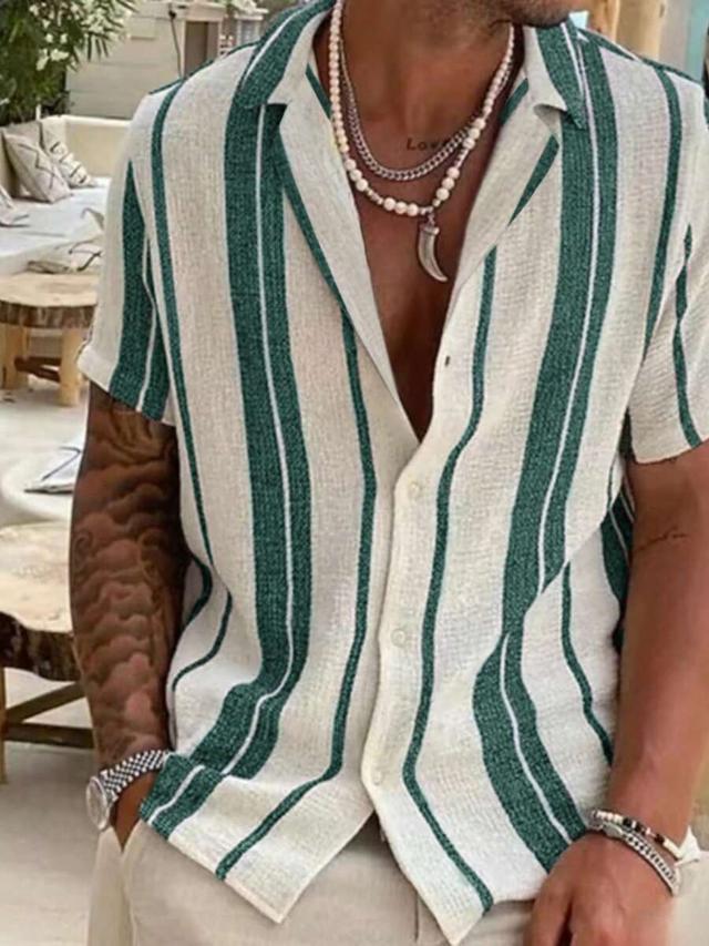 men's green and white striped casual vacation shirt