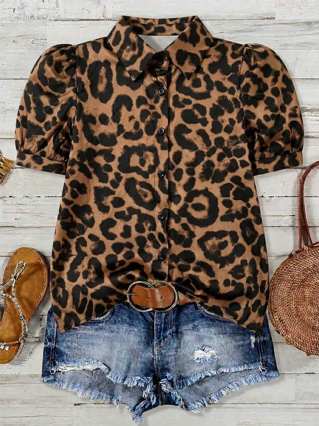 leopard print puff sleeve polyester blouse