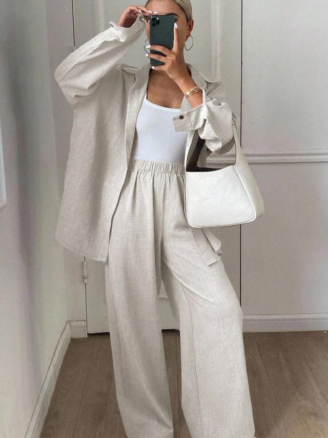 solid color linen loose casual two piece set