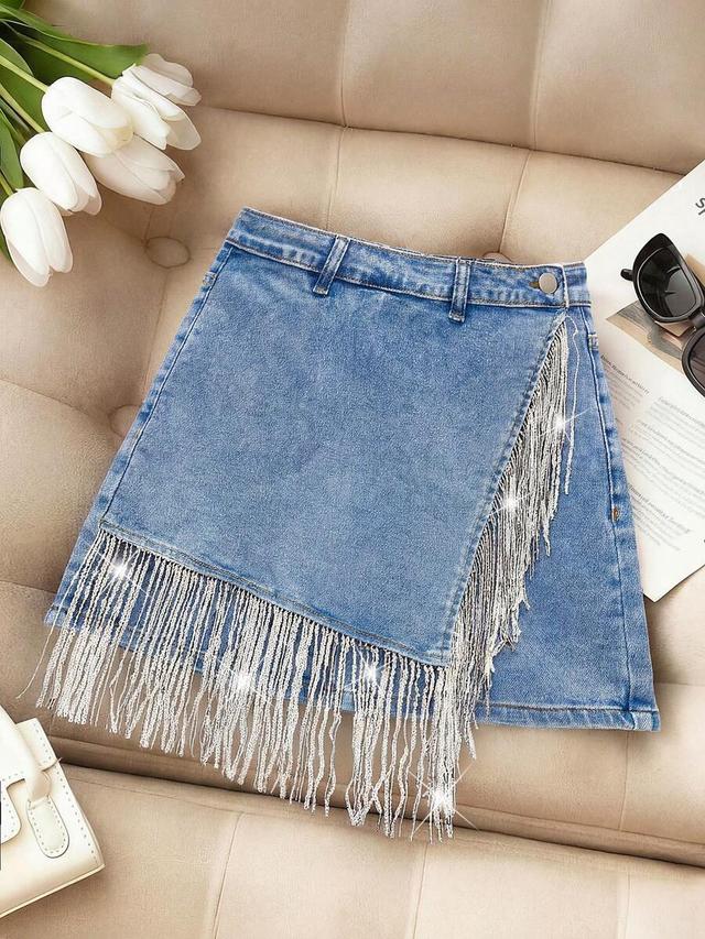 denim wrap skirt with crystal fringe detailing