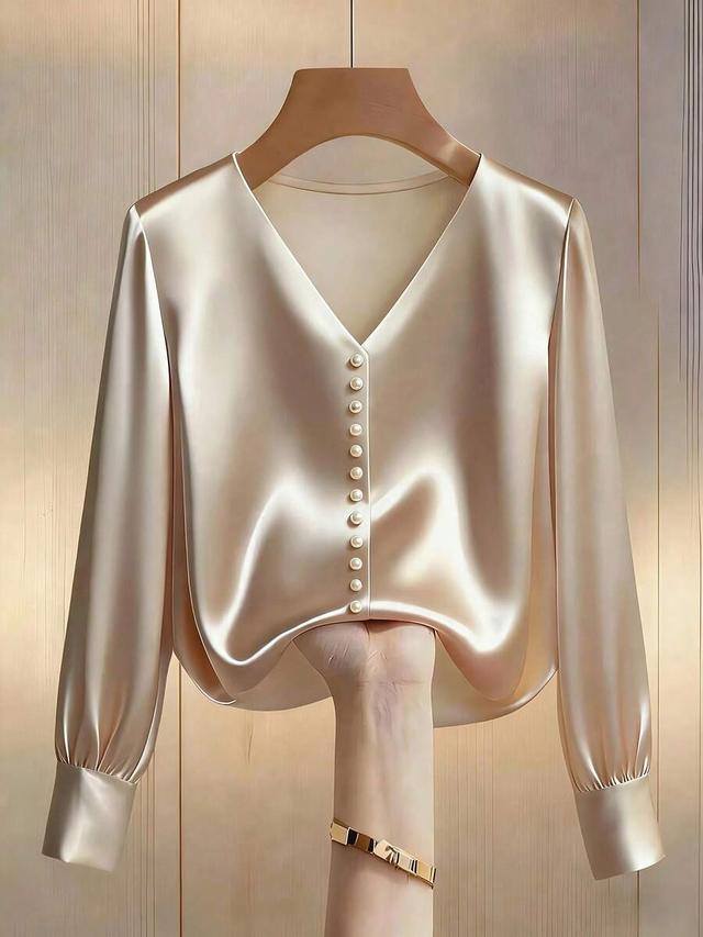 elegant beige satin v-neck blouse with pearl buttons