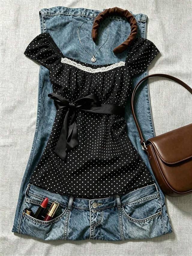 islasuriya navy blue polka dot square collar puff sleeve blouse