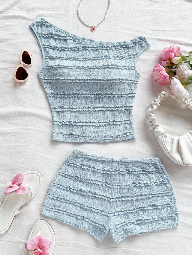 light blue smocked asymmetrical shoulder crop top set