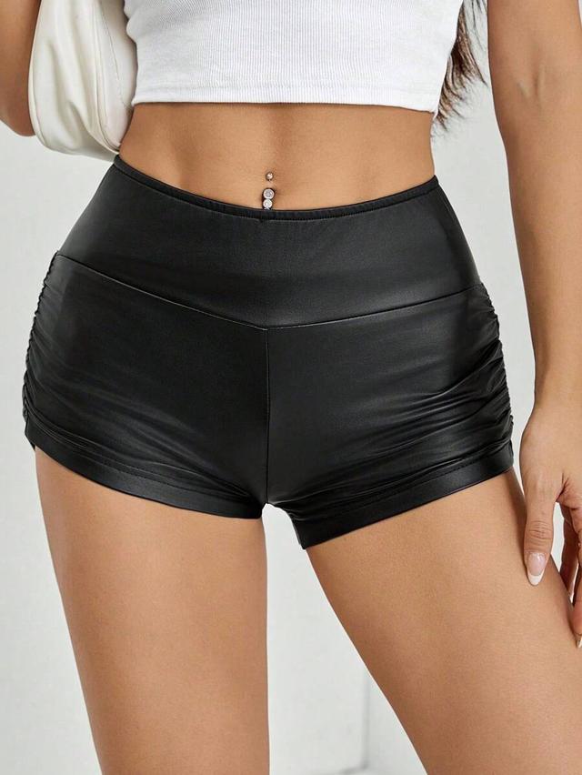 solid black pleated pu leather short leggings