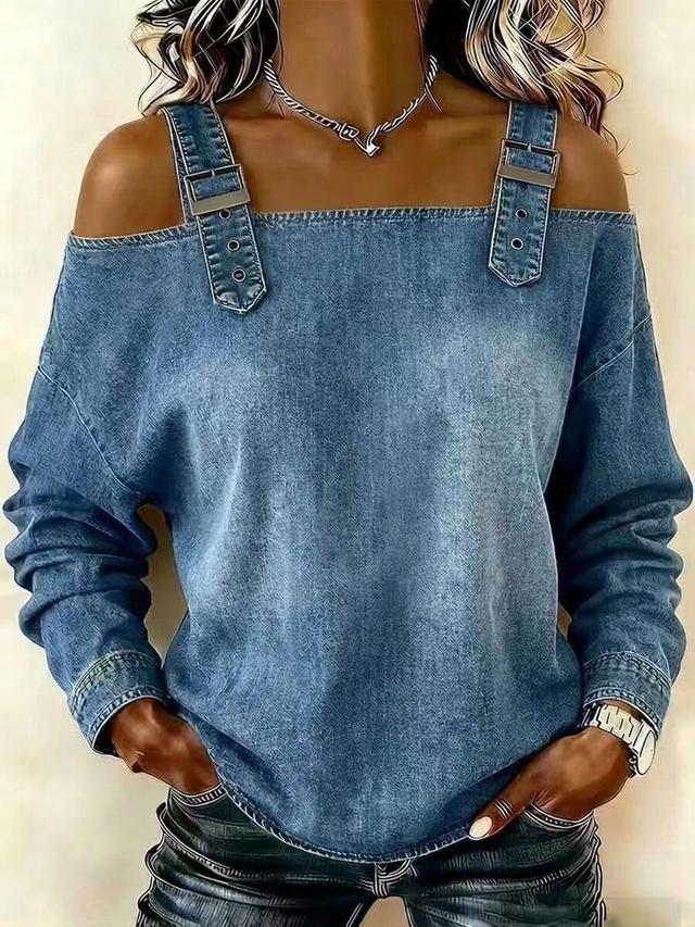 denim long-sleeve top with buckle strap detail