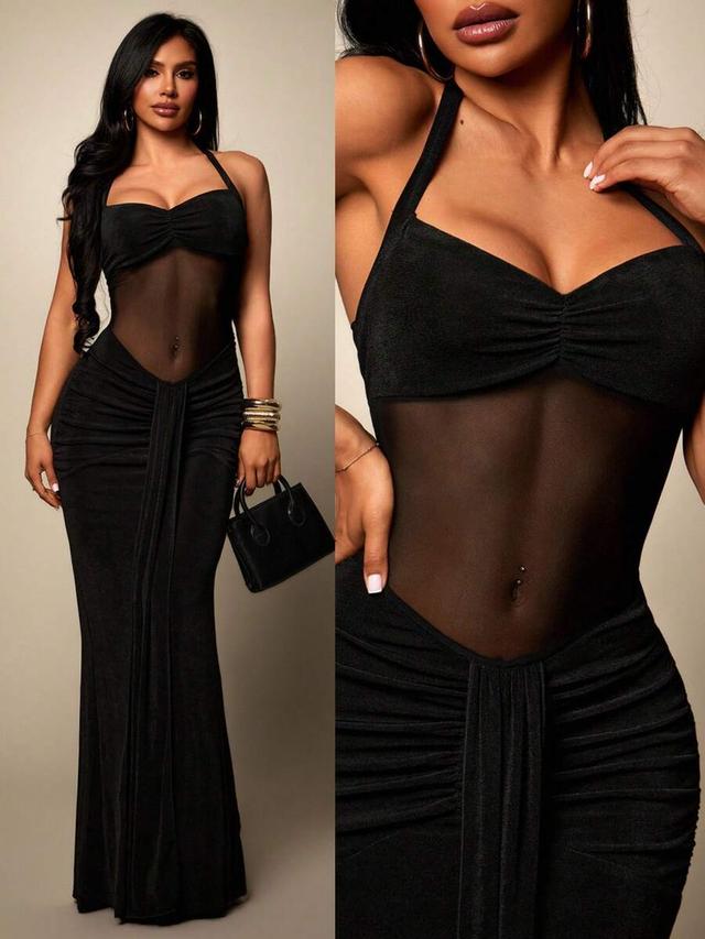 black halter neck mermaid dress with sheer mesh waist