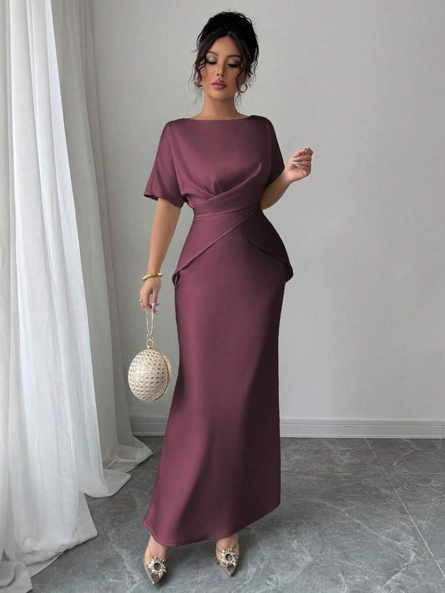 dark purple satin boat neck formal fishtail dress
