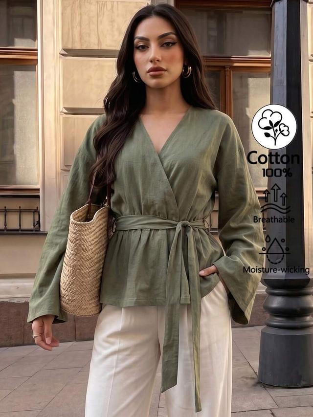 solid olive green v-neck waist tie pleated blouse