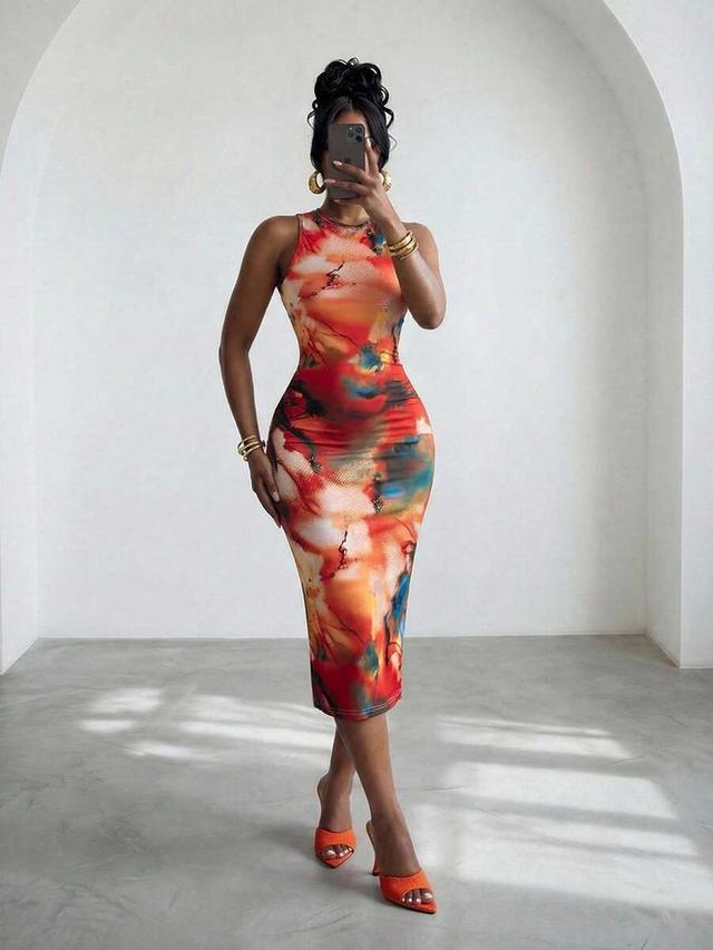 abstract print sleeveless bodycon midi dress