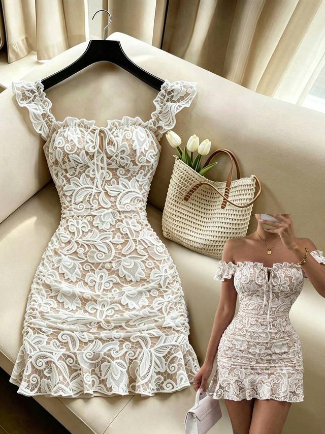 mistrie lace print off-shoulder ruched ruffle dress