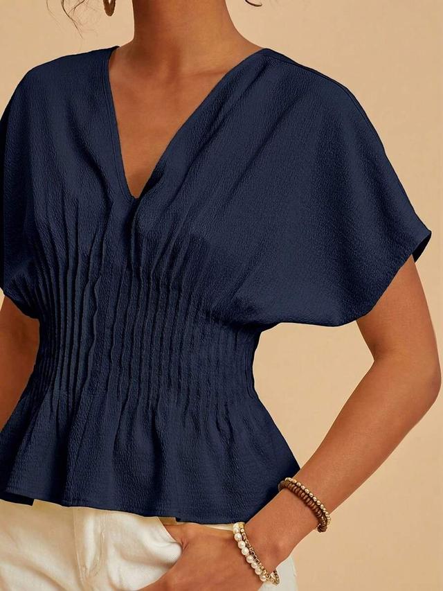 women's casual v-neck batwing sleeve solid color top