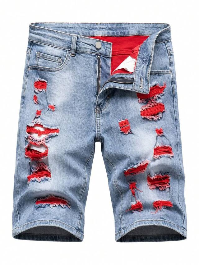 men's light wash ripped denim shorts with red lining