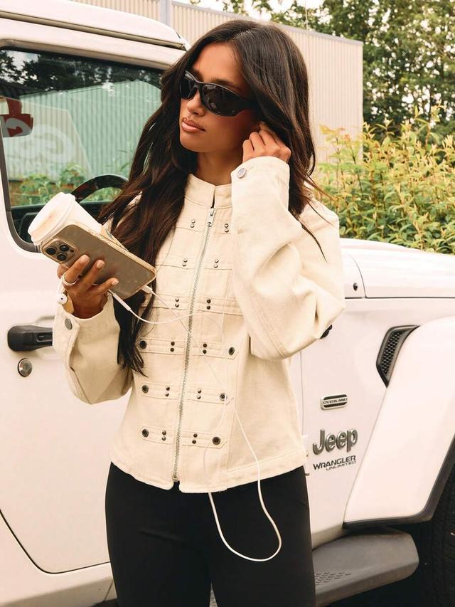 cream cotton twill military style zip jacket