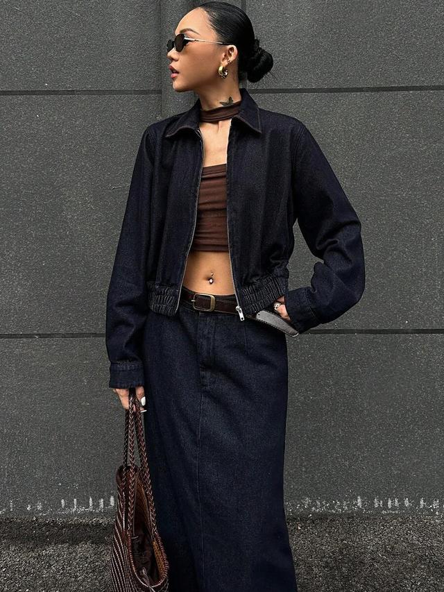 dark wash denim jacket and midi skirt set