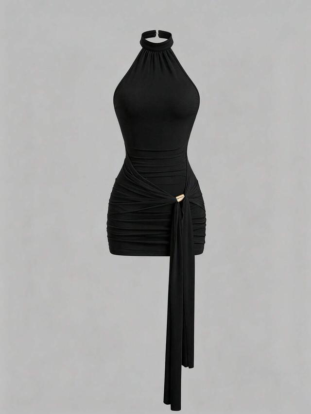 black halter neck ruched mini dress