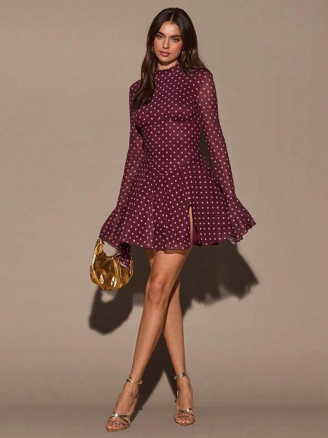 burgundy polka dot long flare sleeve mini dress