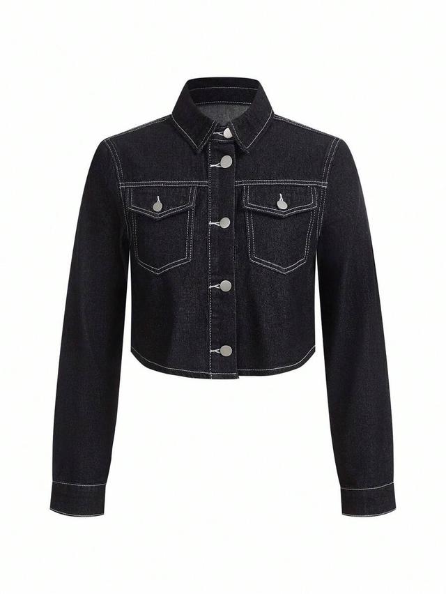 black denim crop jacket with contrast stitching