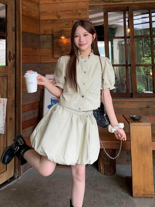 cream cotton twill puff sleeve coord set