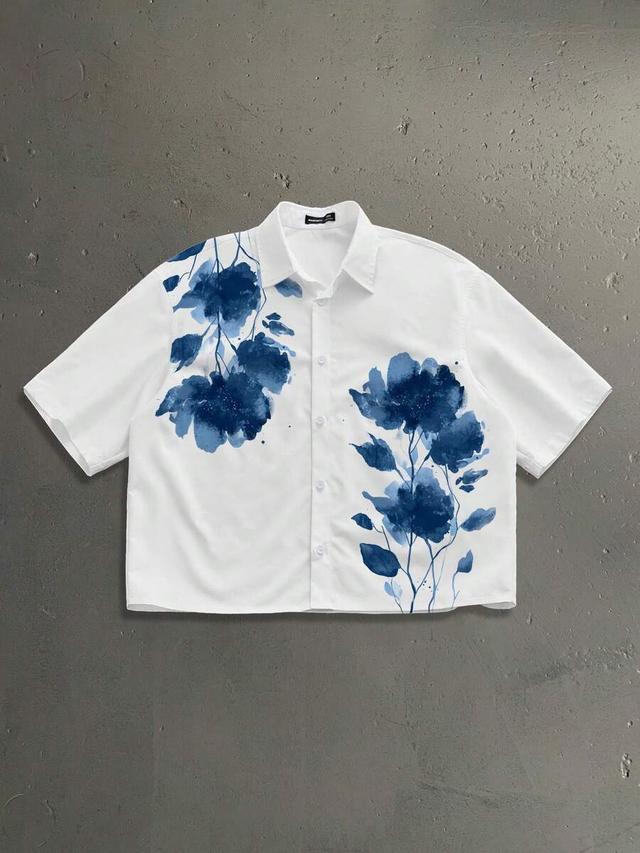 white short sleeve shirt with blue watercolor floral print