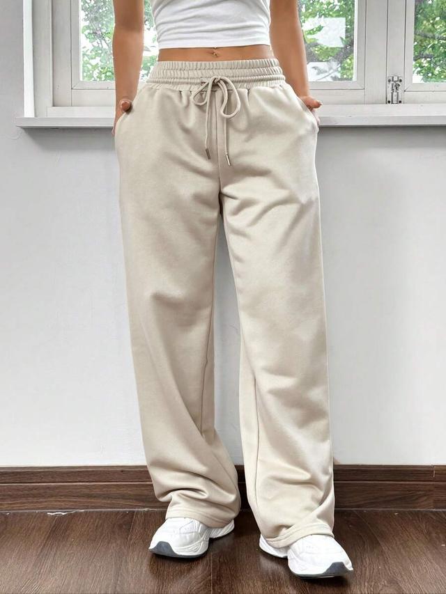 casual beige drawstring wide-leg sweatpants