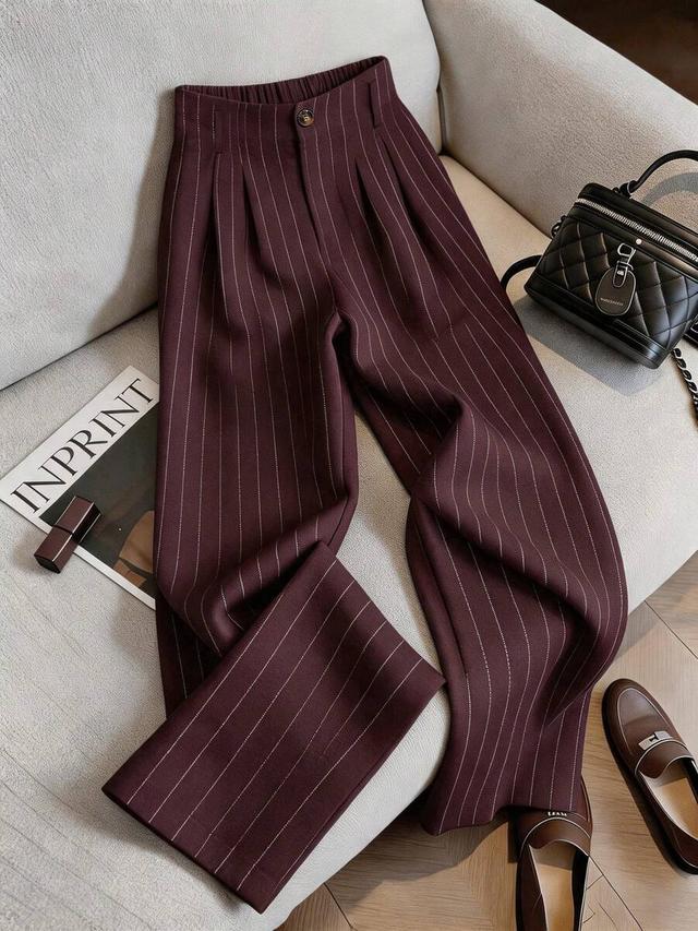 burgundy pinstriped pleated loose wide leg trousers