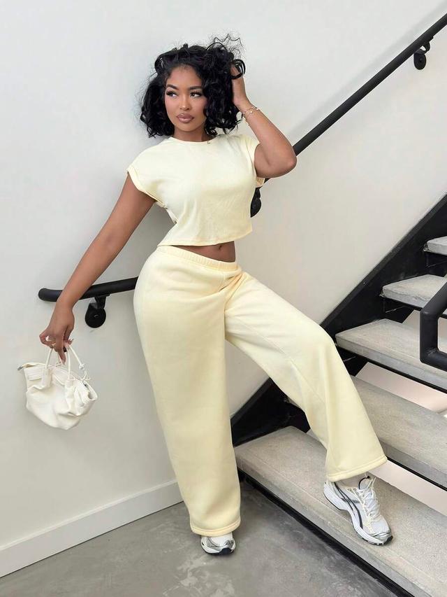 pale yellow knit t-shirt and wide leg pants set