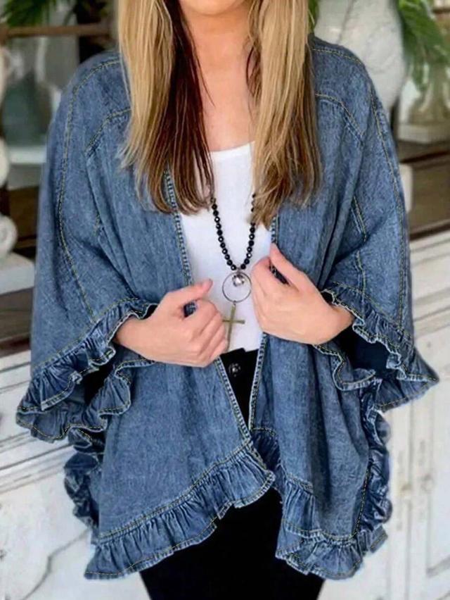 ruffled denim kimono style jacket