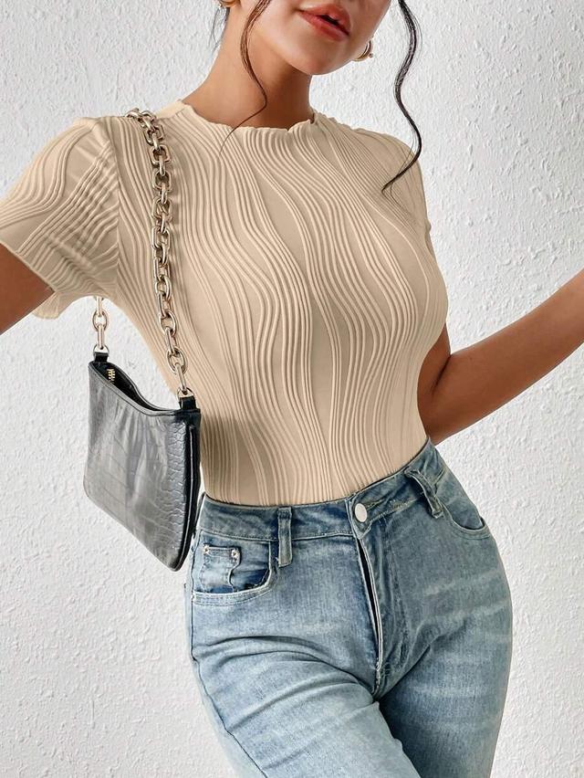 light beige round neck textured short sleeve bodysuit