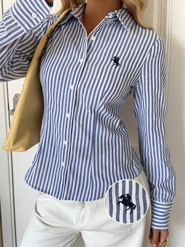 blue and white striped slim fit long sleeve shirt