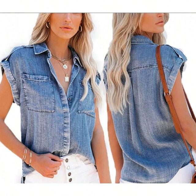women's vintage wash short sleeve denim shirt