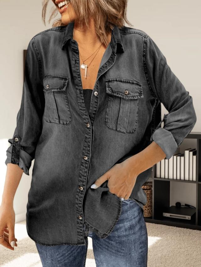 womens button down distressed denim shirt