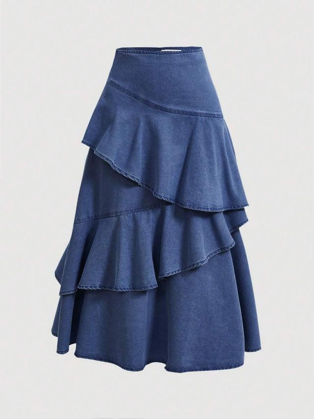 denim ruffle tiered midi skirt