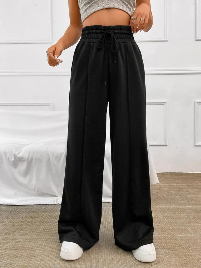 solid black drawstring waist wide leg sweatpants