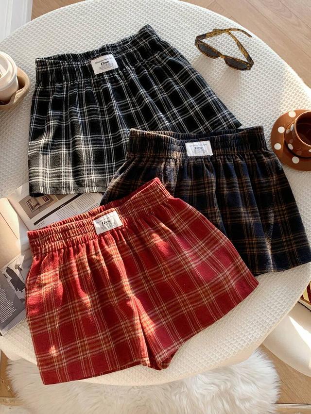 black casual red plaid elastic waist summer shorts